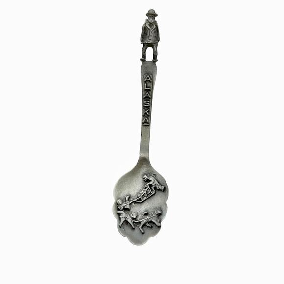 Souvenir Spoon Alaska Pewter Sculptural Dog Sled Musher 3D Small 3.75 Inch Long - Picture 1 of 14